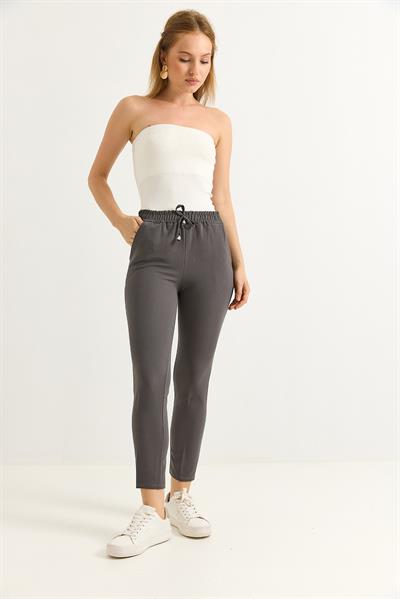 Beli Lastikli Kısa Paça Double Krep Pantolon Füme