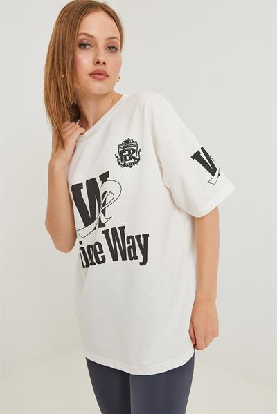 Bisiklet Yaka Baskılı Tshirt Beyaz