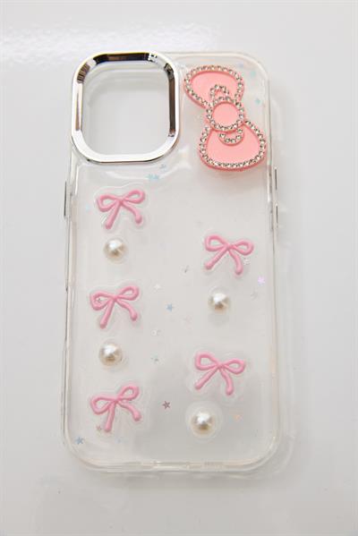 İphone 17 Uyumlu Kurdeleli ve İnci Taşlı Kılıf Pembe