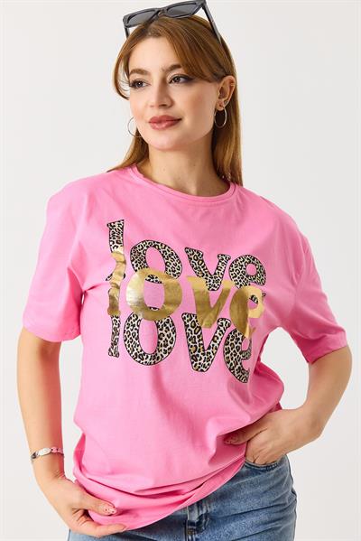Kadın Bisiklet Yaka Kısa Kol Basic Tshirt Pembe