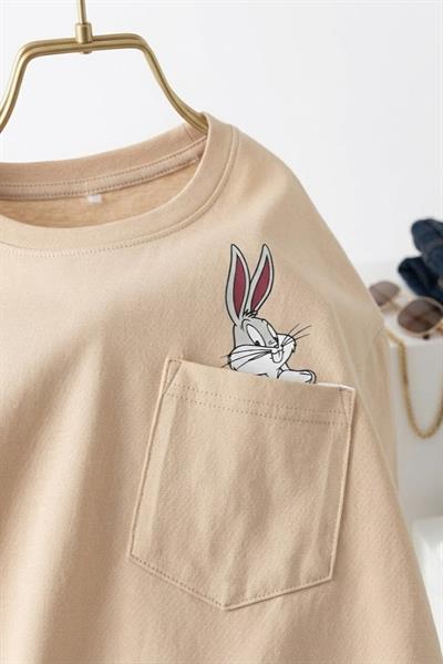 Kadın Yanları Yırtmaçlı Oversize  Basic Tshirt Krem