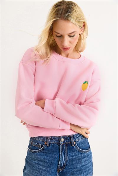 Limon Nakışlı Üç İplik Swetshirt Pembe