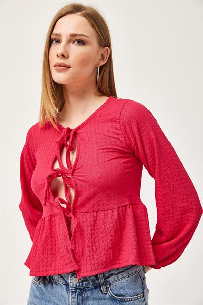 Bağlama Detaylı Esnek Örme Bluz Fuşya