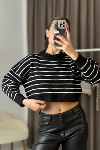 İnce Çizgili Crop Triko Kazak  SİYAH