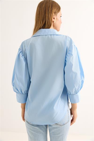 Balon Kol Bol Kesin Kadın Gömlek Mavi