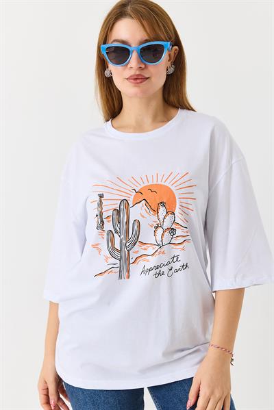 Kadın Çöl Tema Baskılı Bisiklet Yaka Tshirt Beyaz