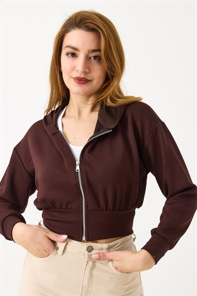 Kapişonlu Fermuarlı Modal Sweat Hırka Kahverengi