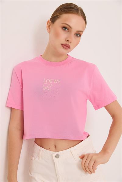 Nakışlı Örme Pamuk Crop Tshirt Pembe