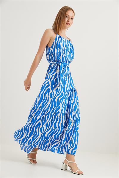 Zebra Halter Yaka Kuşaklı Elbise Mavi
