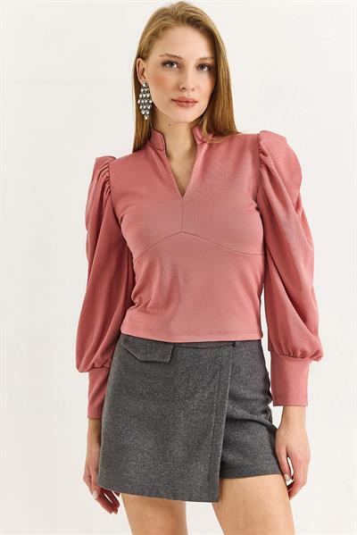 Kadın Hakim Yaka Prenses Kol Örme Bluz Pudra