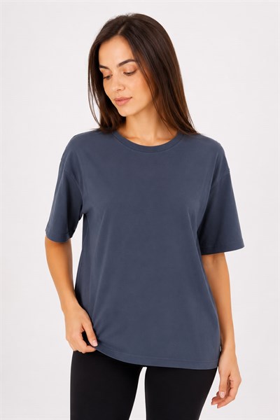 Kadın Bisiklet Yaka Oversize Basic Pamuk Tshirt Antrasit