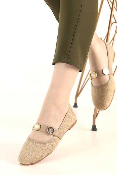 Keten Toka Detaylı Kadın Babet Vizon