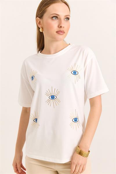 Göz İşlemeli Yumuşak Dokulu Tşhirt Beyaz