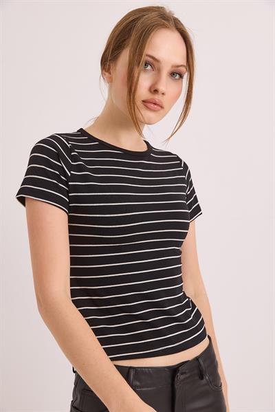 Kısa Kol Likralı Kompak Çizgili Tshirt Siyah