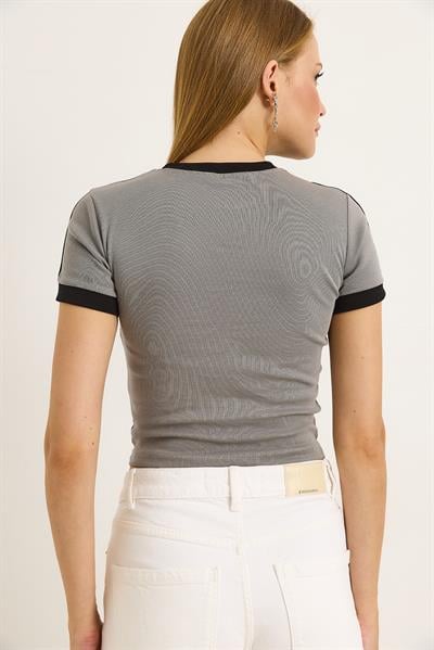 Bisiklet Yaka Baskılı Crop Tshirt Gri