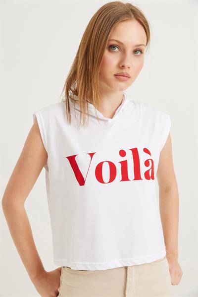 Kapüşonlu Sıfır Kol Baskılı Tshirt Beyaz
