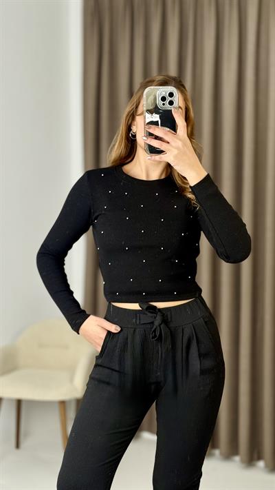 Kadın Uzun Kollu Kaşkorse Taşlı Uzun Bluz Siyah