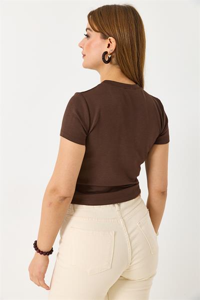 Kadın Bisiklet Yaka Düz Crop Bluz Kahverengi