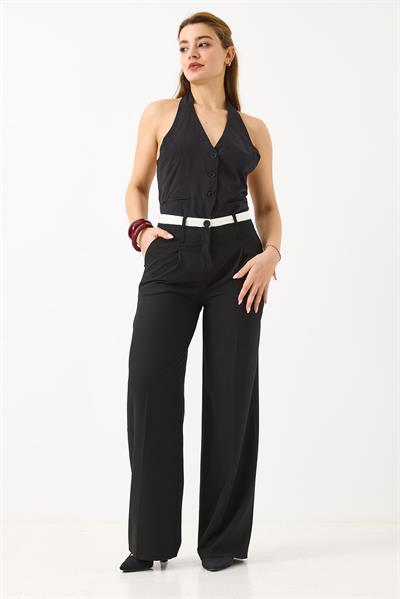 Kadın Yüksek Bel Cepli Bol Paça Pileli Palazzo Kumaş Pantolon Siyah