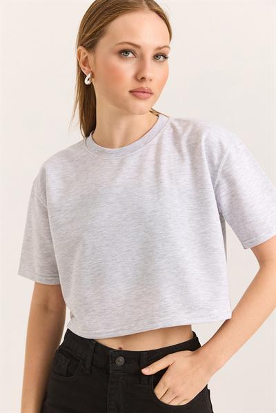Bisiklet Yaka Havalı Crop İki İp Tshirt Gri