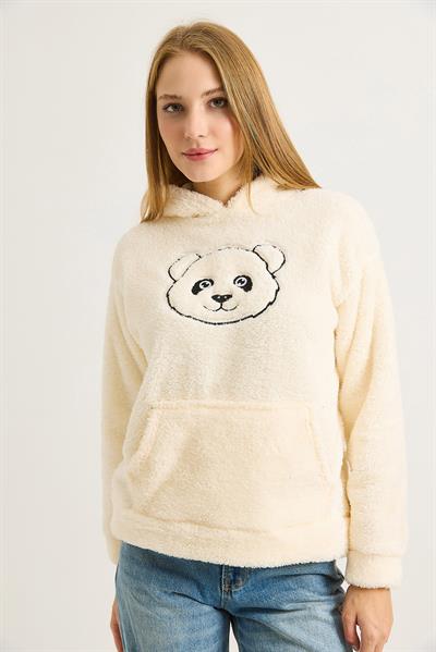 Kadın Kapüşonlu Nakış İşlemeli Peluş Sweatshirt  Ekru