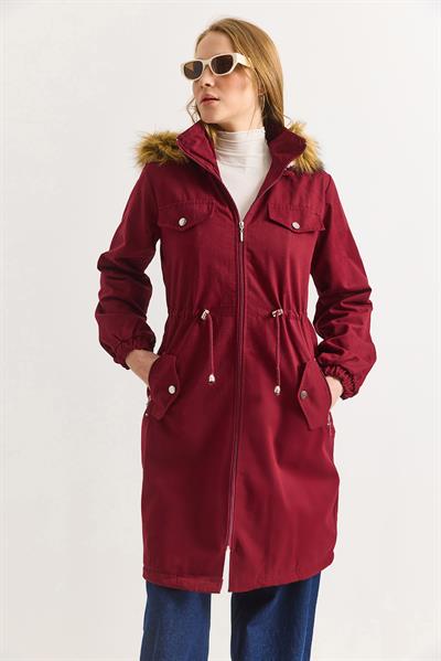 Kadın Bordo Uzun  Boy Gabardin Kumaş İçi Yün Mont