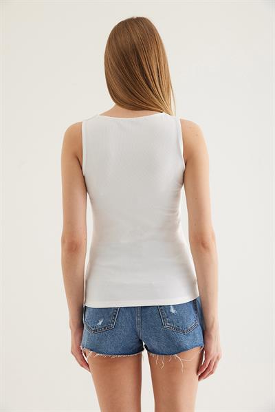 Yaka V Detay Triko Bluz Beyaz