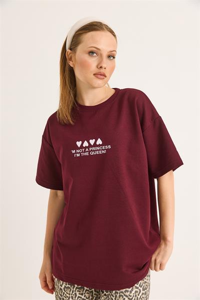 Bisiklet Yaka Baskılı Oversize Tshirt Bordo