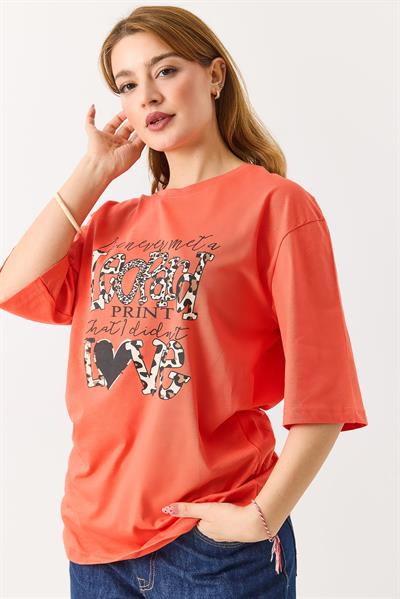 Kadın  Bisiklet Yaka Rahat Kesim Kısa Kol Tshirt Turuncu