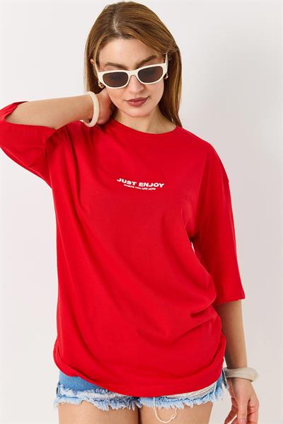 Kadın Yazı Baskılı Bisiklet Yaka Tshirt Kırmızı