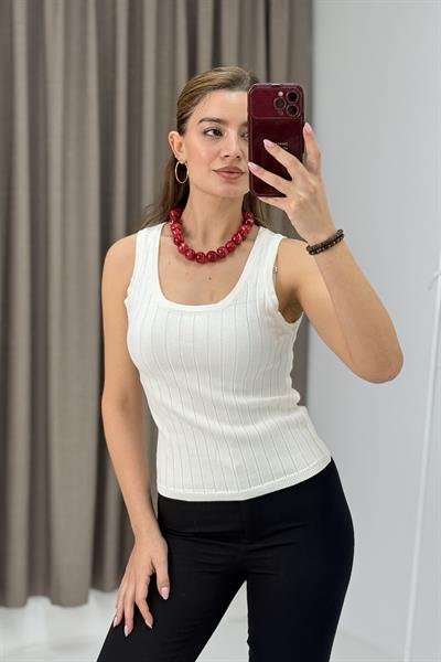Sıfır Kol Geniş Yaka Fitilli Bluz Ekru