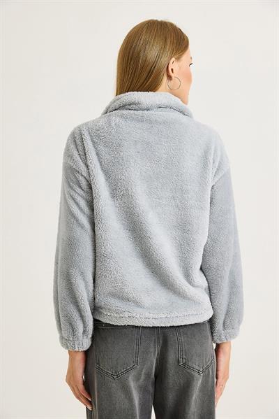 Kadın Nakışlı Welsoft  Fermuar Detaylı Sweat Gri