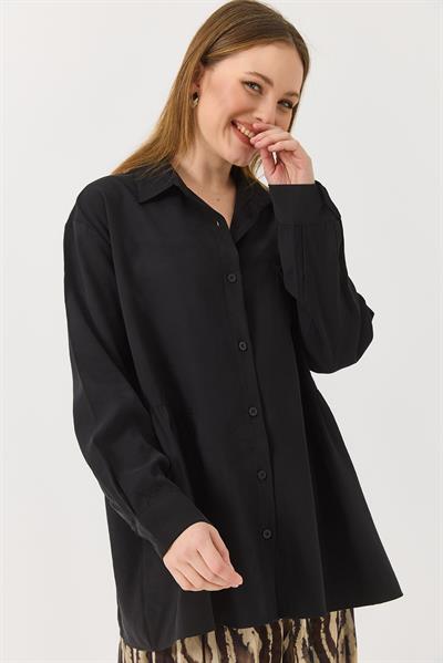 Siyah Oversize Eteği Fırfırlı  Düğmeli Yumuşak Dokulu Tunik Gömlek