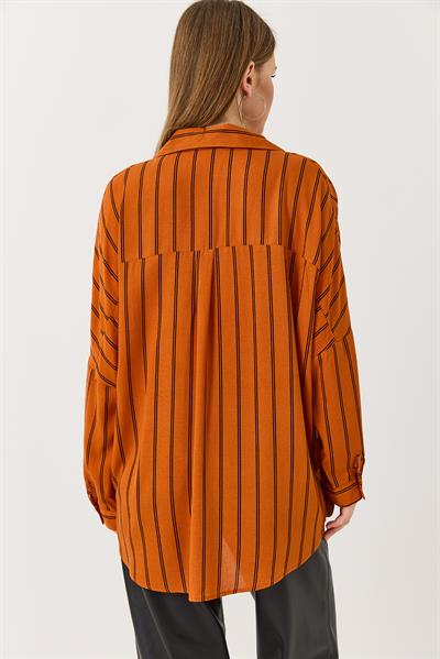 Kadın Çizgili Oversize Turuncu Gömlek