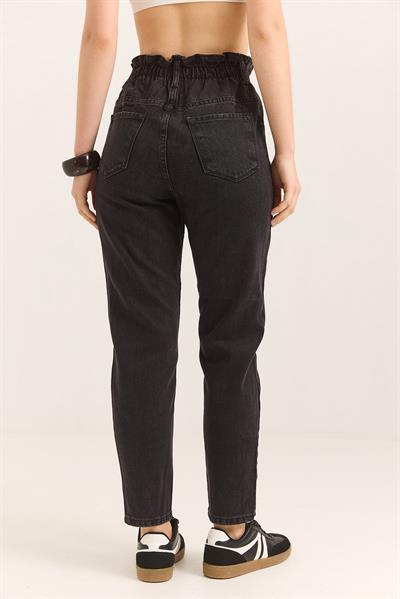 Yüksel Bel Beli Lastikli İki Düğmeli Kot Pantalon Siyah