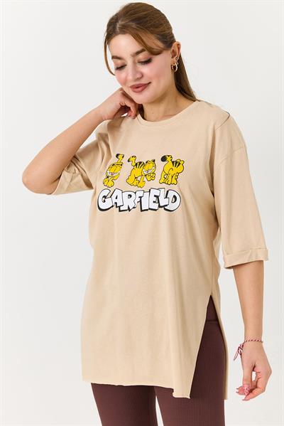Kadın Garfield Baskılı Yanları Yırtmaçlı Bisiklet Yaka Tshirt Krem
