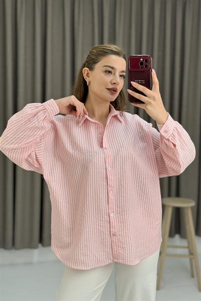 Kadın Uzun Kollu Oversize Gömlek Pembe