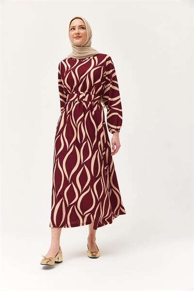 Kemerli Yarasa Kol Kemerli Elbise	Bordo