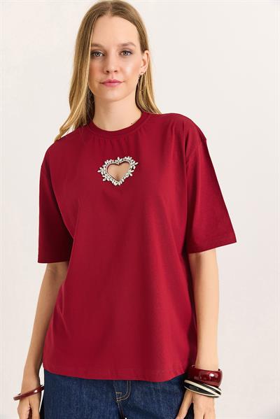 Kalp Detaylı  Oversize Kadın Tshirt Bordo