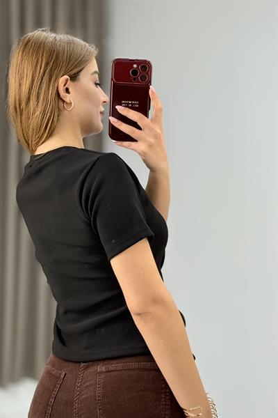 Kadın Yan Tokalı Asimetrik Kesim Kakorse Kısa Kollu Bluz  Siyah