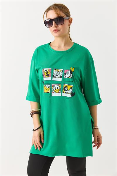 Kadın Yanı Yırtmaçlı Oversize Basic Tshirt Yeşil