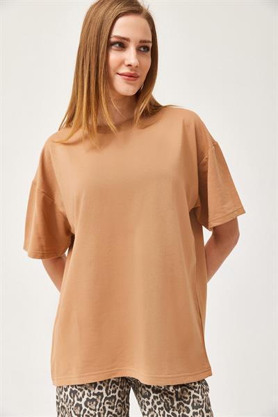 Basic Bisiklet Yaka Tshirt Bej