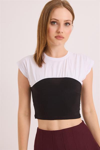 Siyah Beyaz Renk Bloklu Örme Bluz