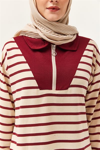Fermuarlı Çizgili Gömlek Yaka Takım Bordo