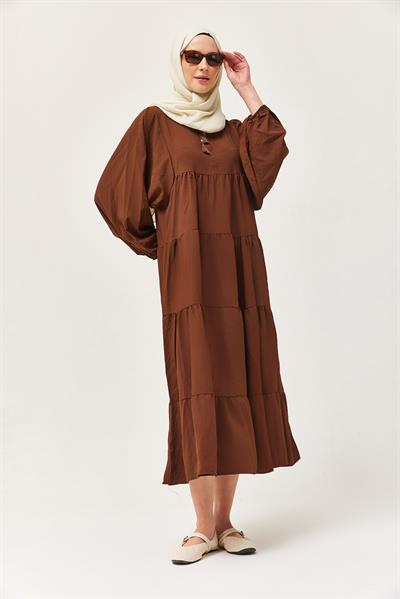 Yakası İpli Kat Model Elbise Kahverengi