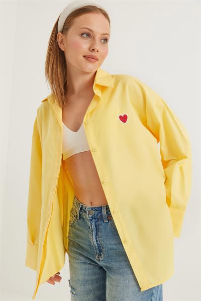 Kalp Nakışlı  Oversize Basic Gömlek Sarı