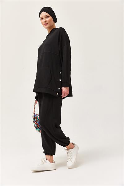 Çıtçıt Detay Kapüşonlu İkili Takım Siyah