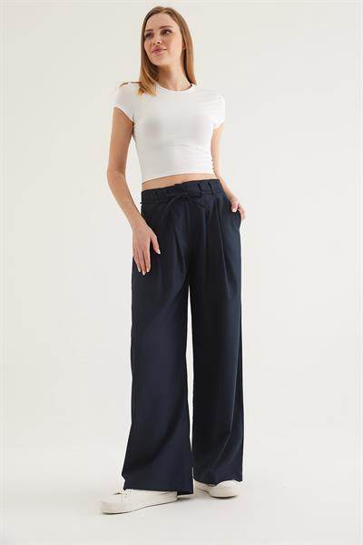 Kendinden Kemerli Cepli Bol Pantolon Lacivert