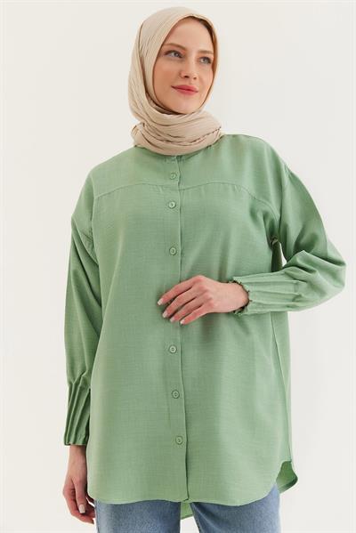 Keten Kumaş Kol Nervül Detaylı Gömlek Tunik Yeşil