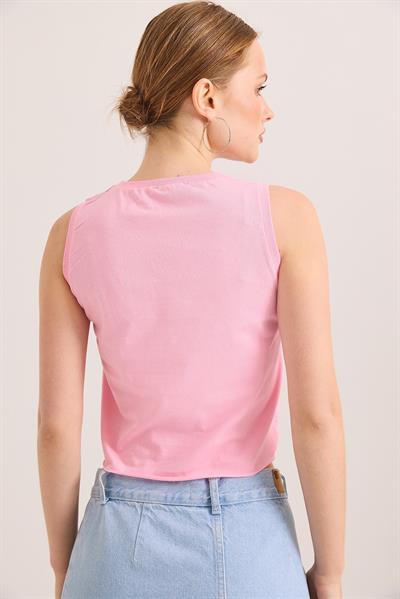 Sıfır Kol Yuvarlak Yaka Havalı Crop Tshirt Pembe